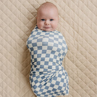 Blue Checkered Ribbed Bamboo Stretch Swaddle Blanket