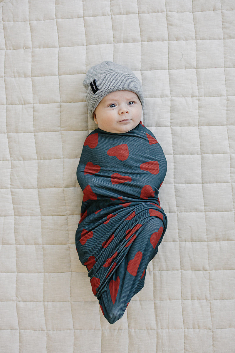 Navy + Red Hearts Bamboo Stretch Swaddle Blanket