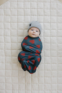 Navy + Red Hearts Bamboo Stretch Swaddle Blanket