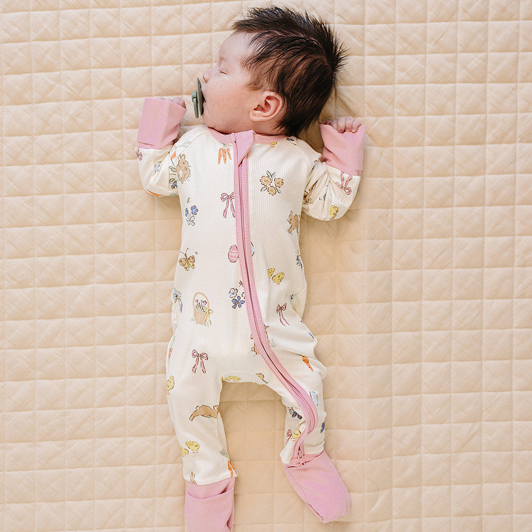 Pink Bunny Ribbed Bamboo Zipper Romper