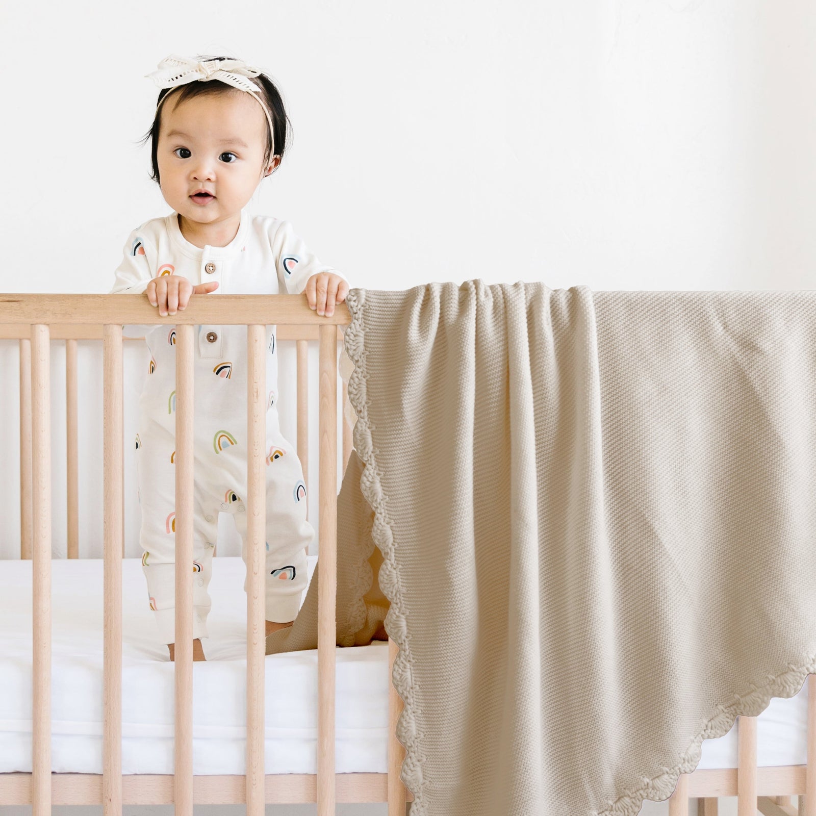 Beige Organic Cotton Scalloped Baby Blanket