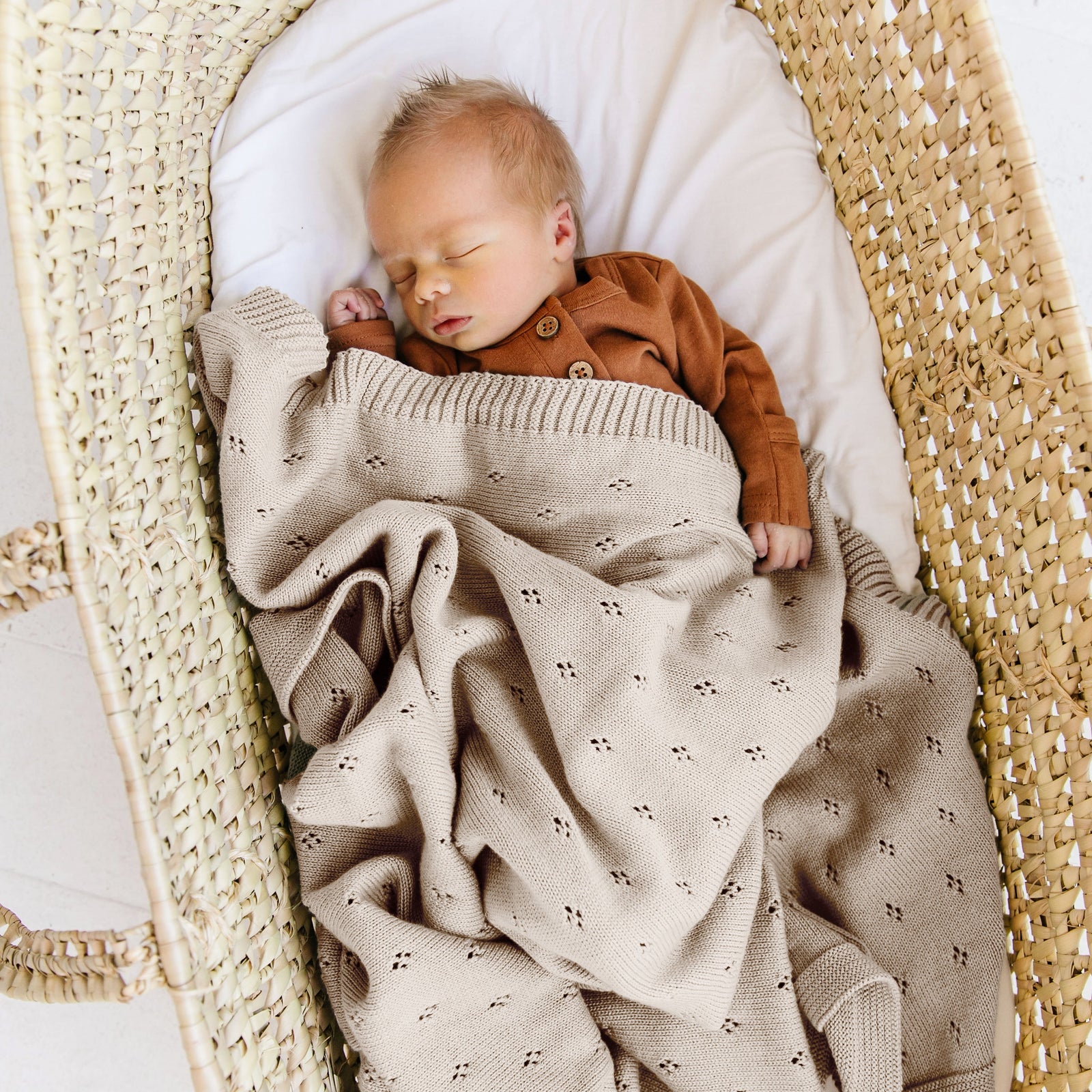 Beige Organic Cotton Pointelle Baby Blanket