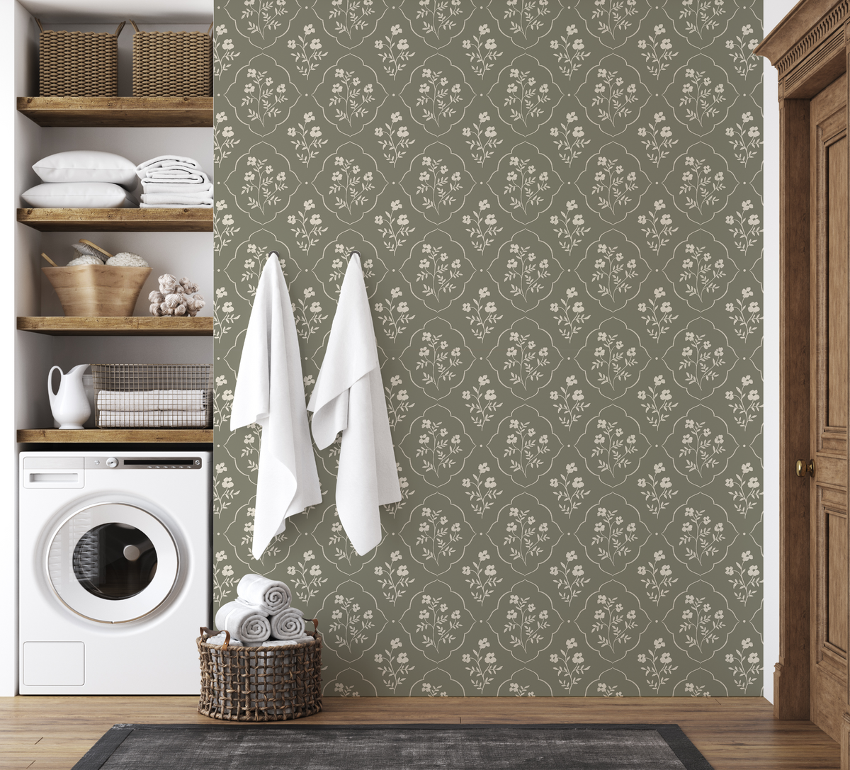 Dark Sage Floral and Lattice Patterned Wallpaper