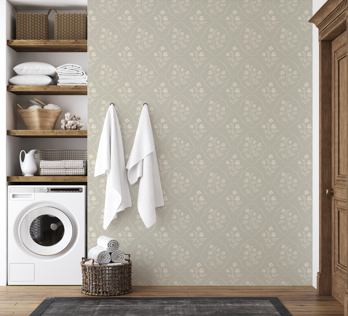 Floral and Lattice Patterned Wallpaper