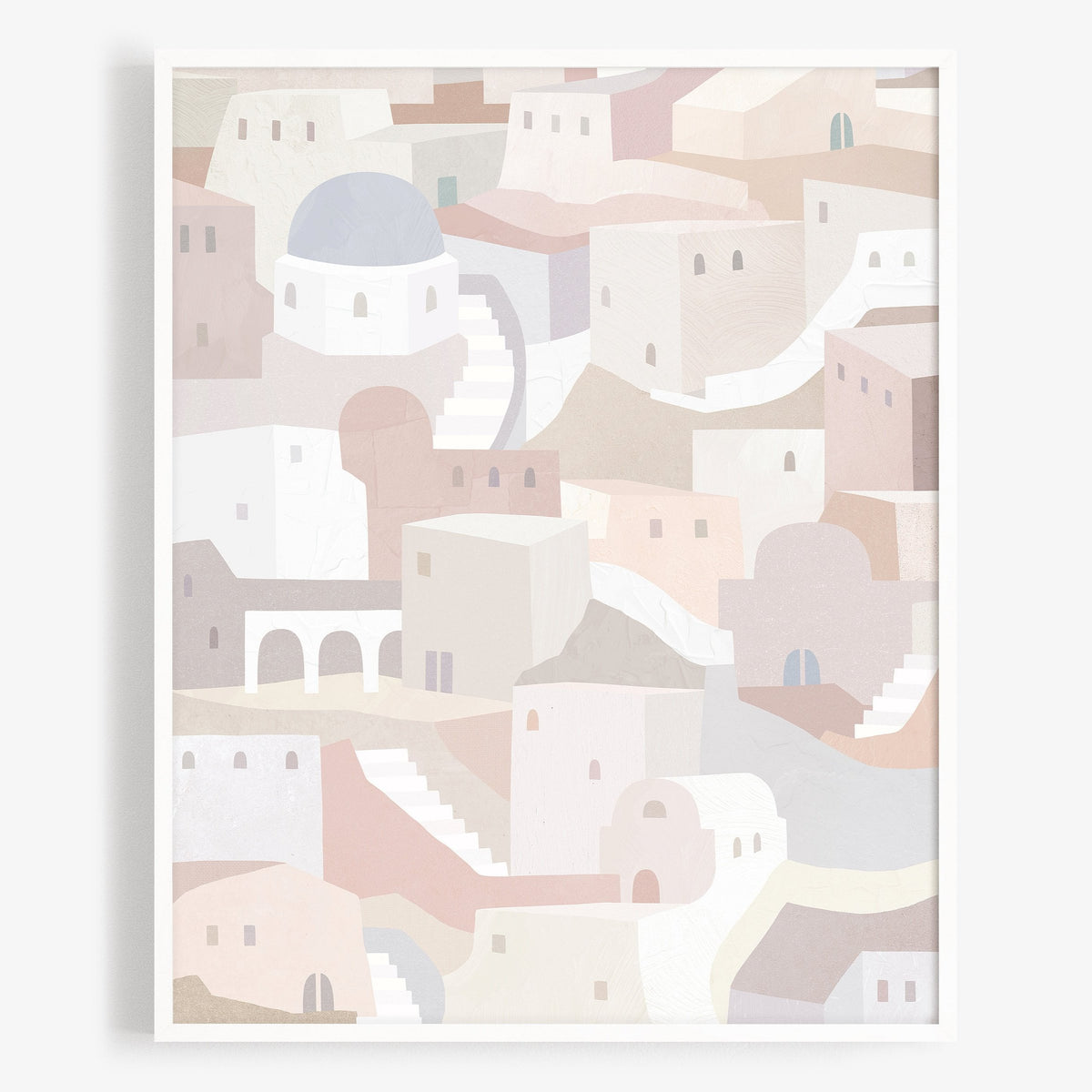 Abstract pattern of pastel-colored buildings on a white background