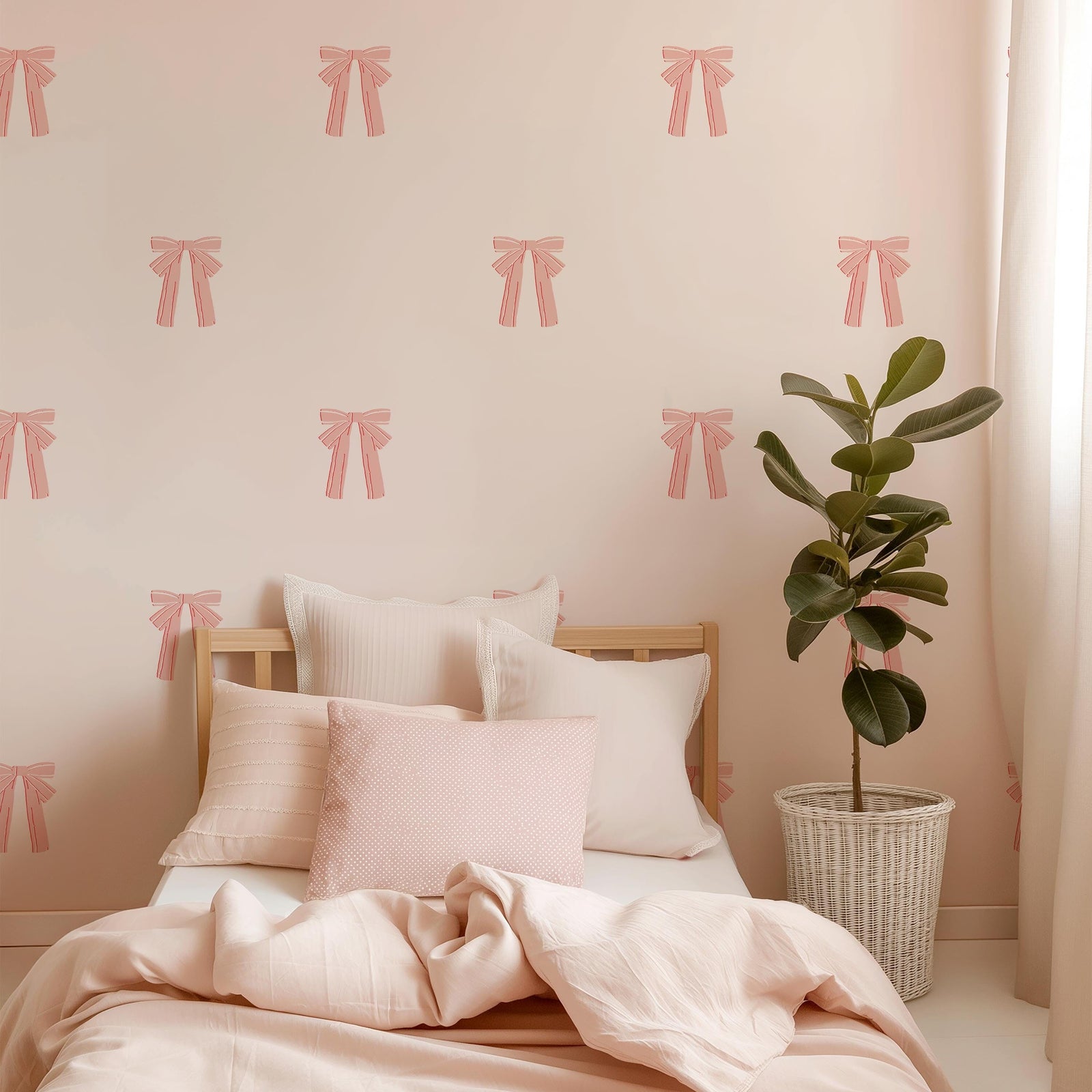 Pink bow-patterned wall decals for bedroom, with a bed with pink bedding, and a plant.