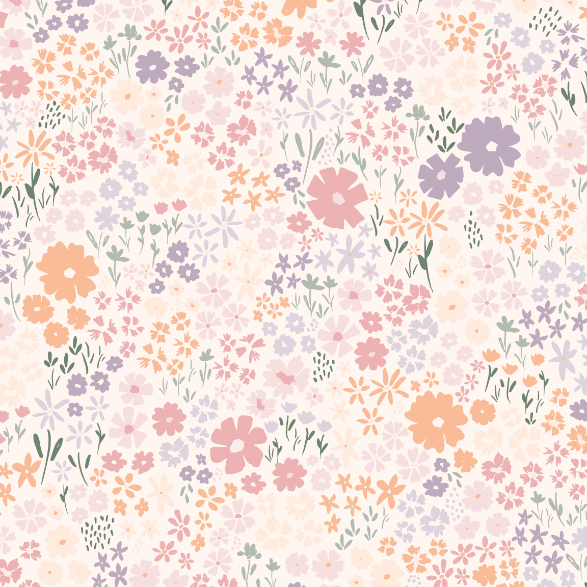 A pink floral wallpaper featuring a pattern of various flowers in colors such as pink, purple, orange, and white on a beige background.