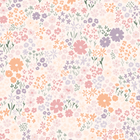 A pink floral wallpaper featuring a pattern of various flowers in colors such as pink, purple, orange, and white on a beige background.