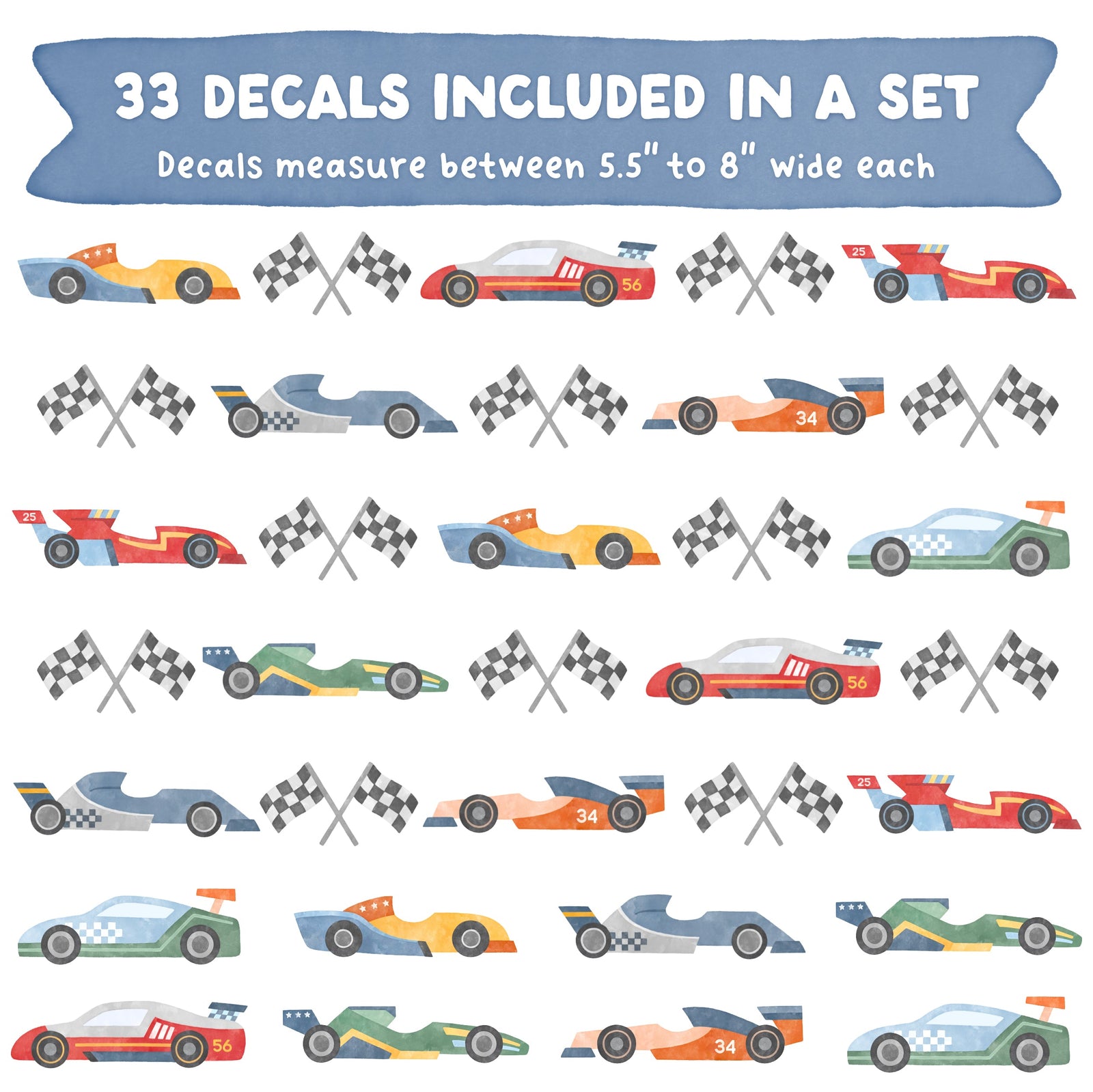 Colorful Racecar and Finish Line Checkered Flag Wall Decal Set