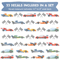 Colorful Racecar and Finish Line Checkered Flag Wall Decal Set