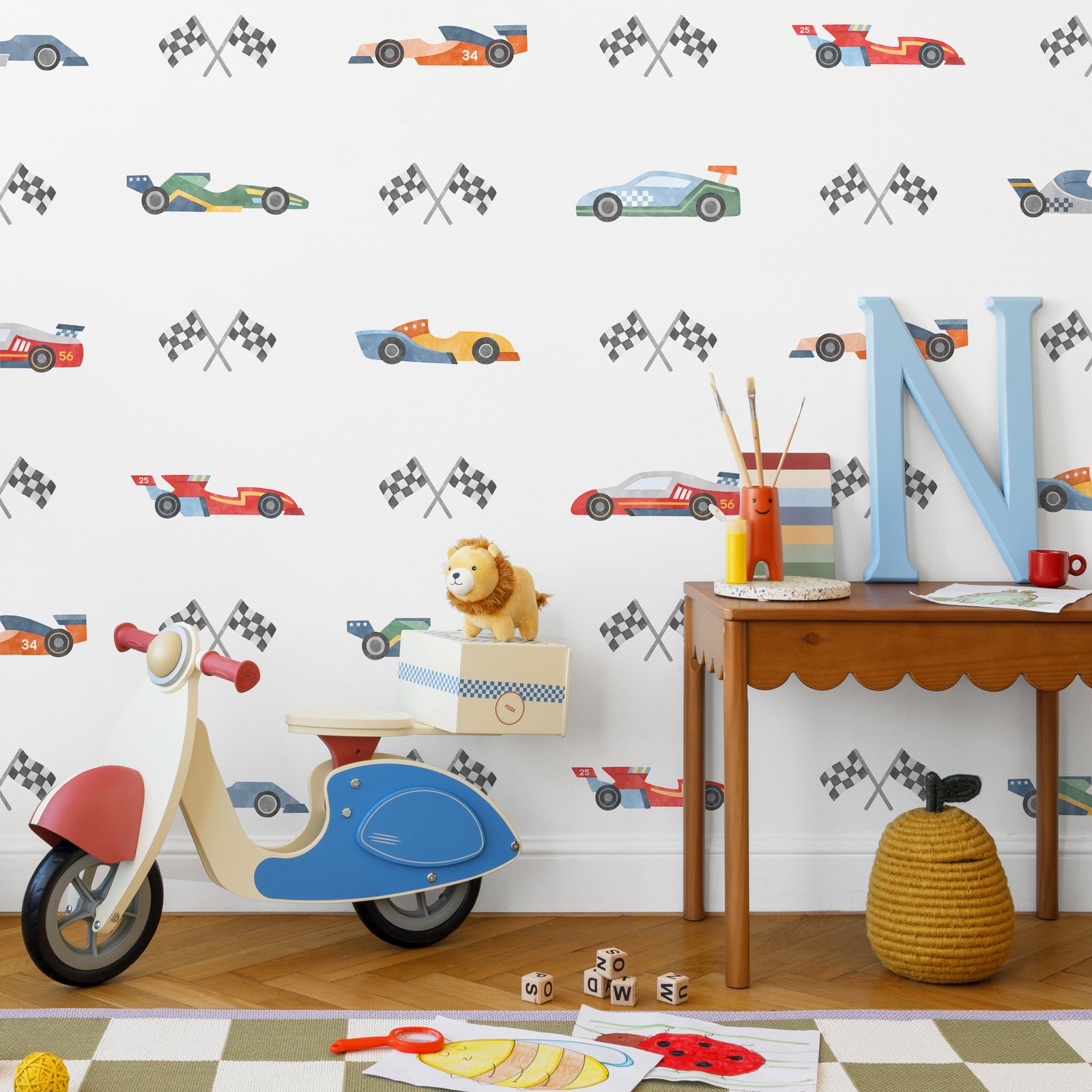 Colorful Racecar and Finish Line Checkered Flag Chidrens Wall Decor Sticker Set