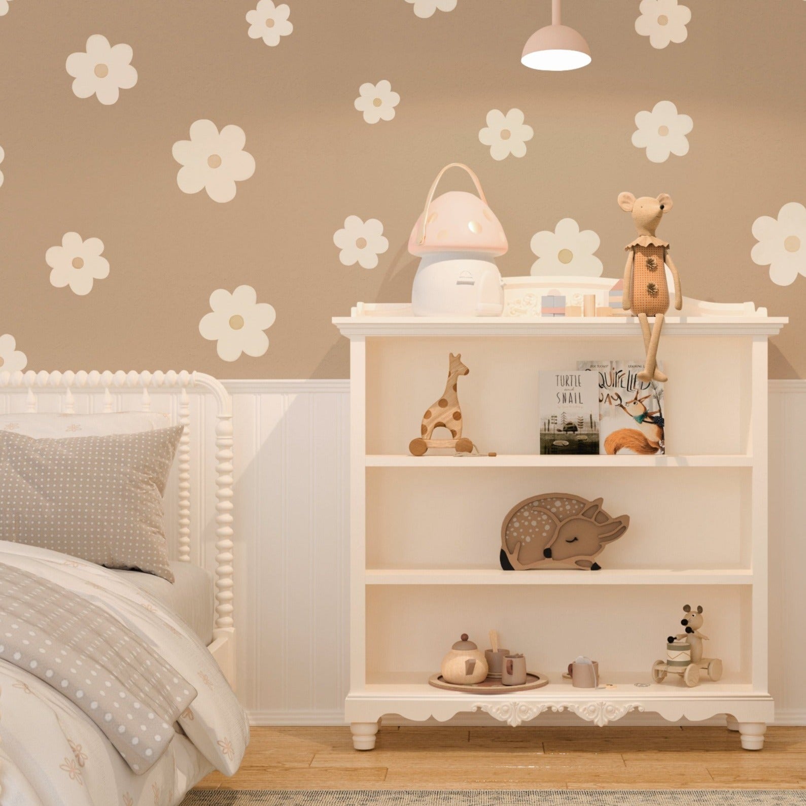 neutral watercolor daisies floral wall decals in a nursery