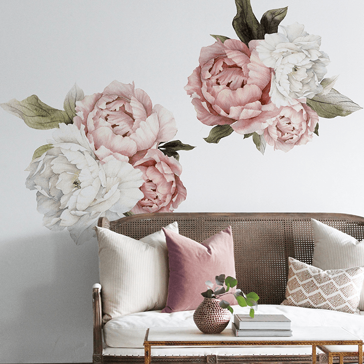 Blushing peonies floral wall decal set in a living room