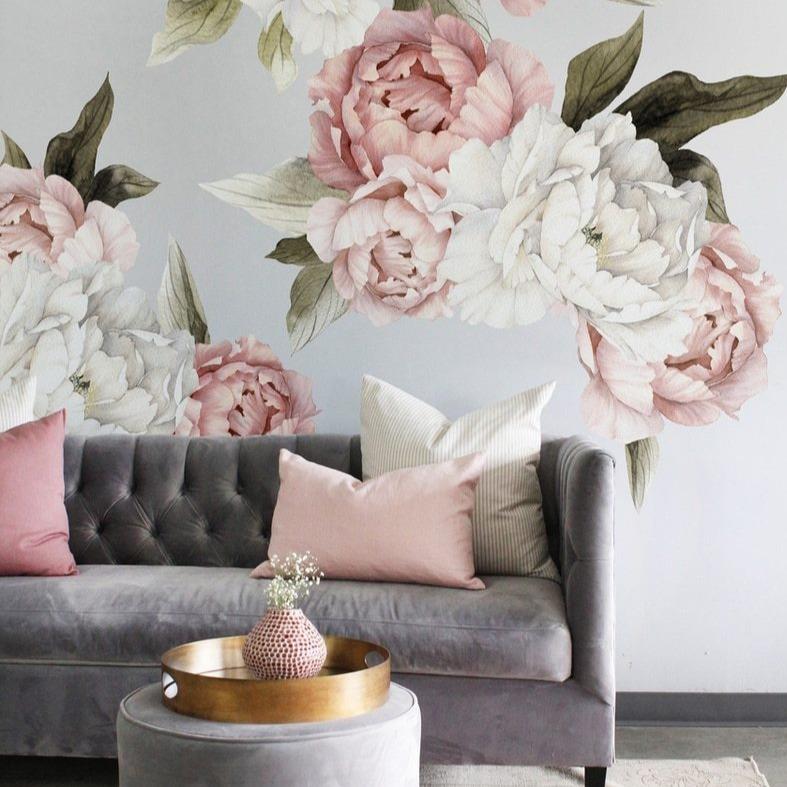 blushing peonies wall decals in a living room