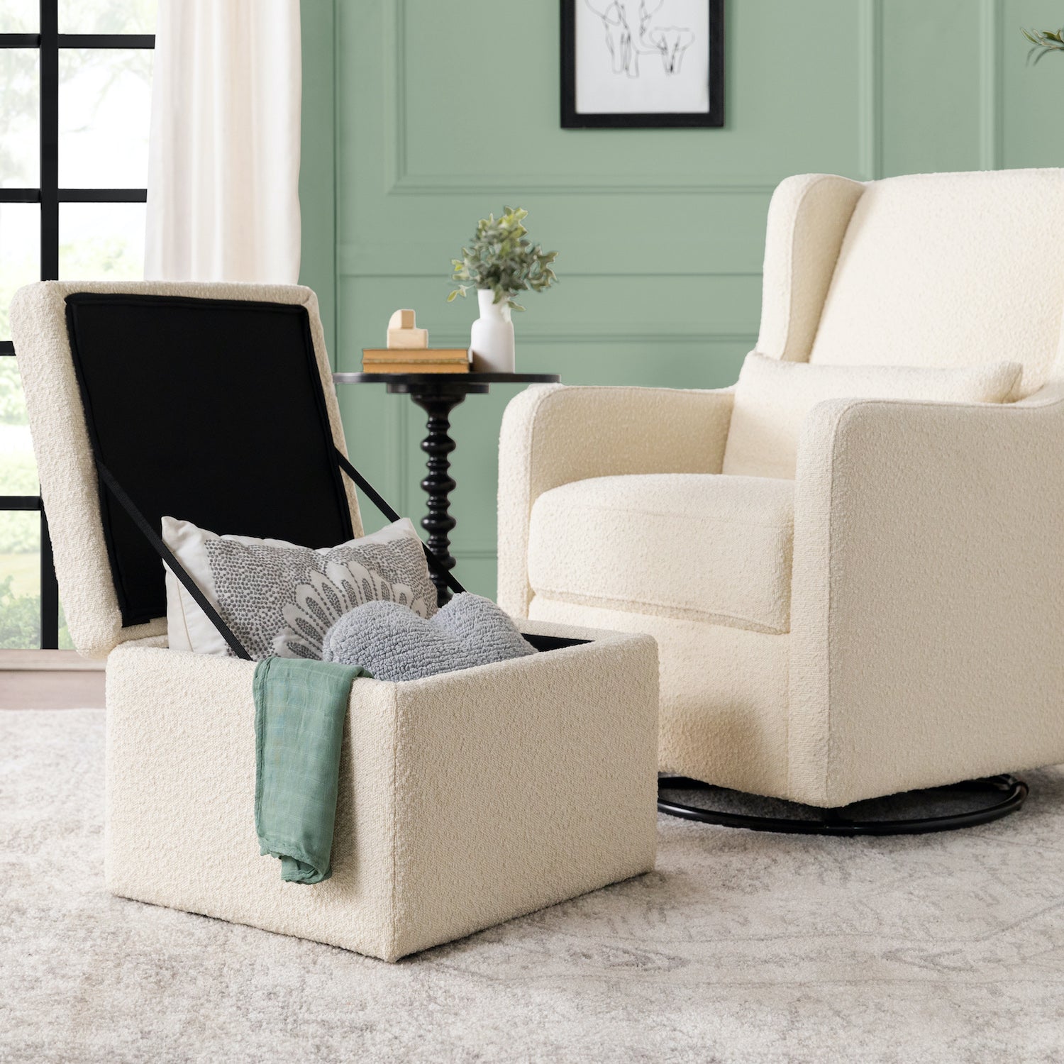 Adrian Swivel Glider with Storage Ottoman in Ivory Boucle fabric - Project Nursery