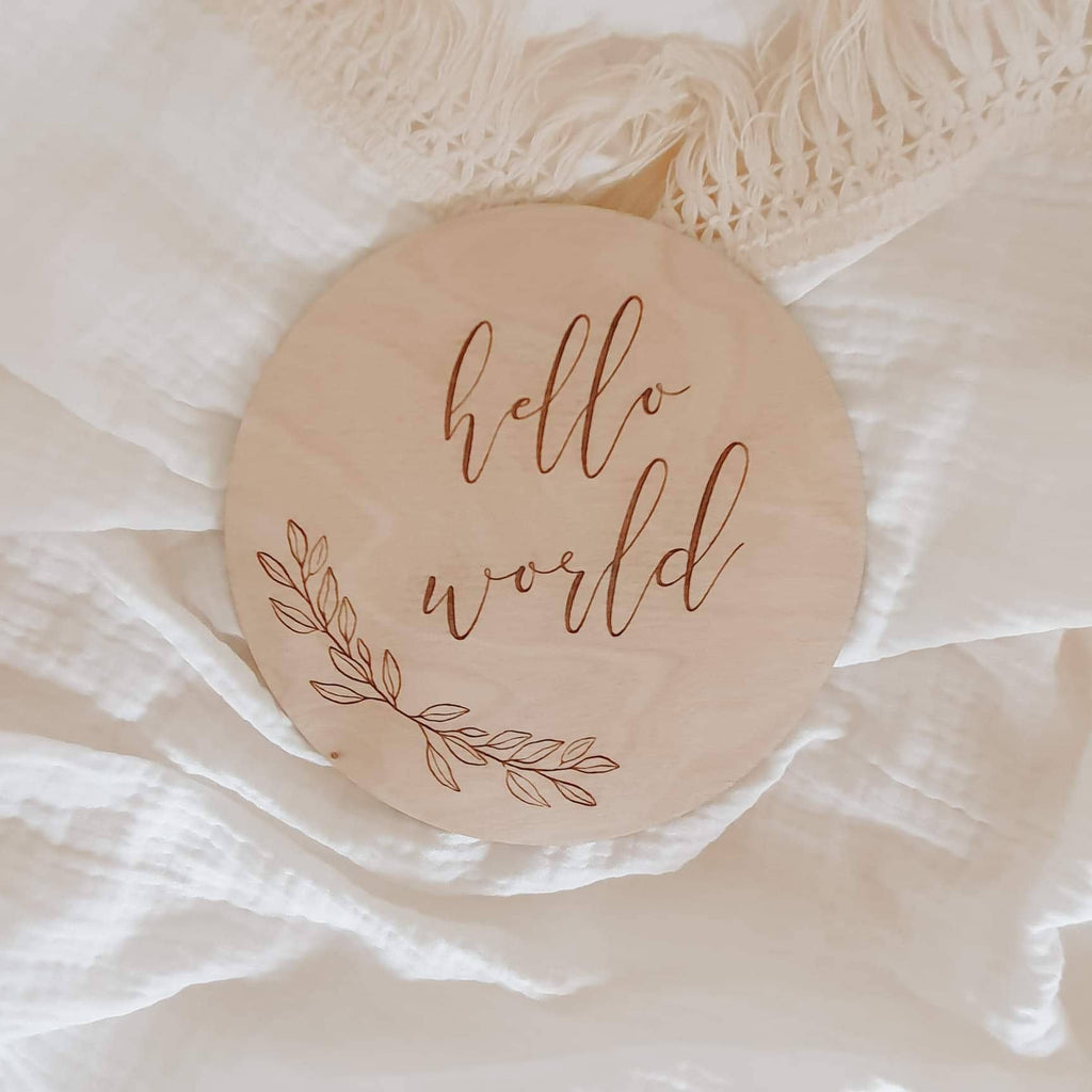 Hello World Etched Leaf Wooden Plaque - Project Nursery