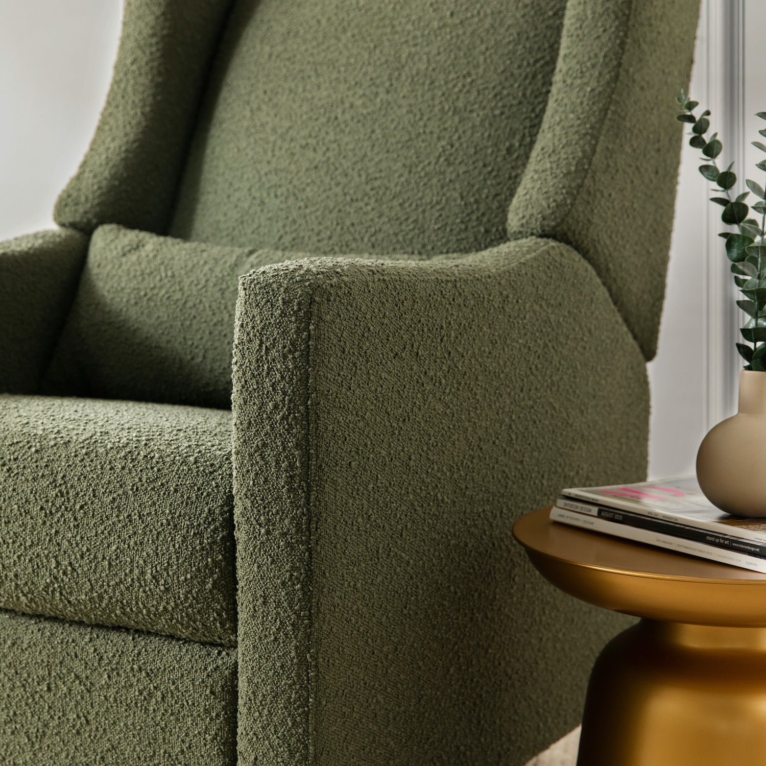 Kiwi Electronic Recliner + Swivel Glider | Olive Boucle w/ Light Wood Base
