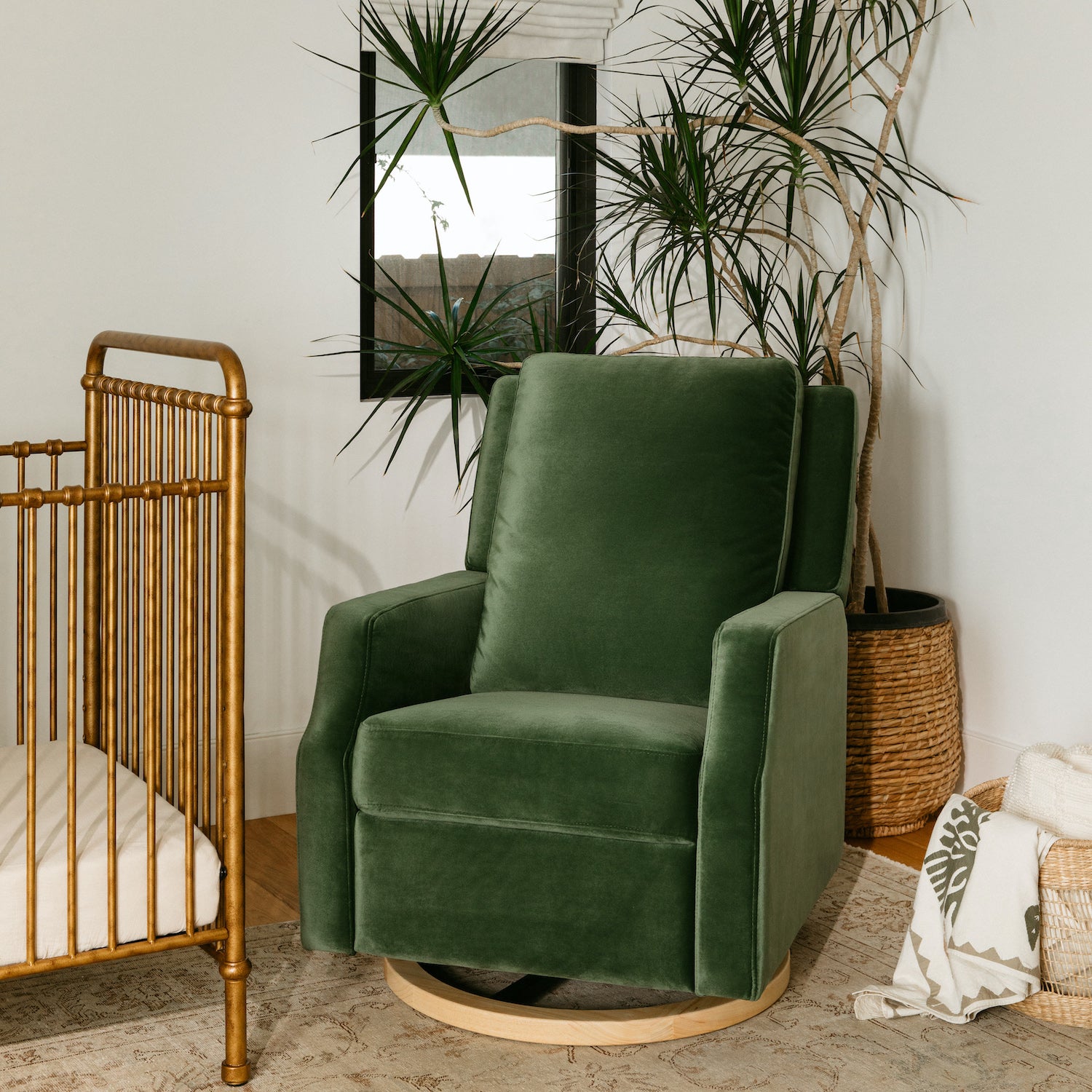 Crewe Recliner + Swivel Glider | Forest Green Velvet w/ Light Wood Base