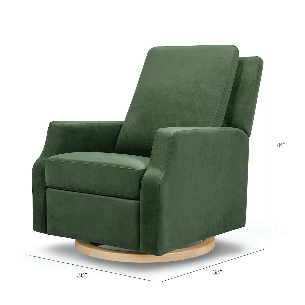 Crewe Recliner + Swivel Glider in Eco-Performance Fabric - Forest Green Velvet with Light Wood Base
