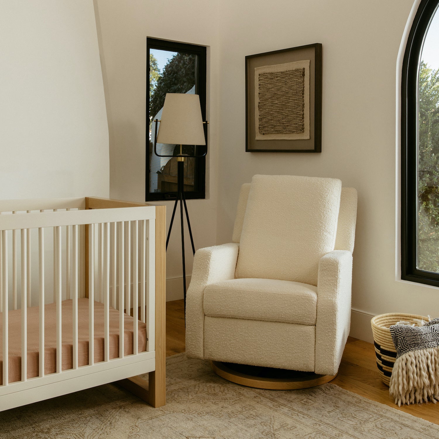 Crewe Recliner + Swivel Glider | Ivory Boucle w/ Light Wood Base