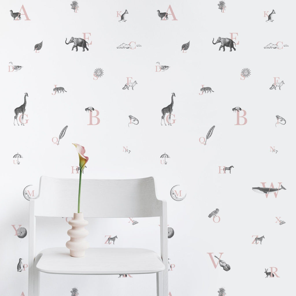 Pink Alphabet Pattern Wallpaper with Illustrations - Project Nursery