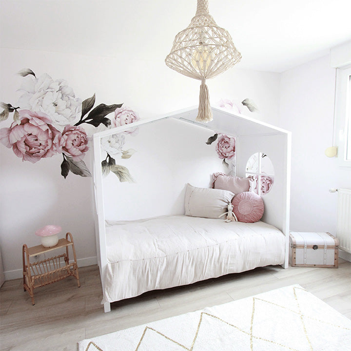 blushing peonies floral wall decal in a kids room