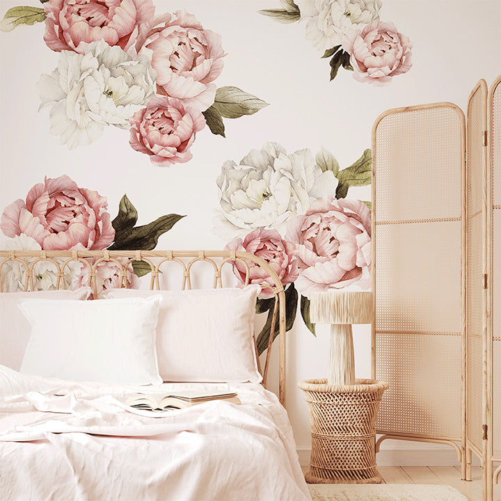 blushing peonies floral wall decals in a bedroom