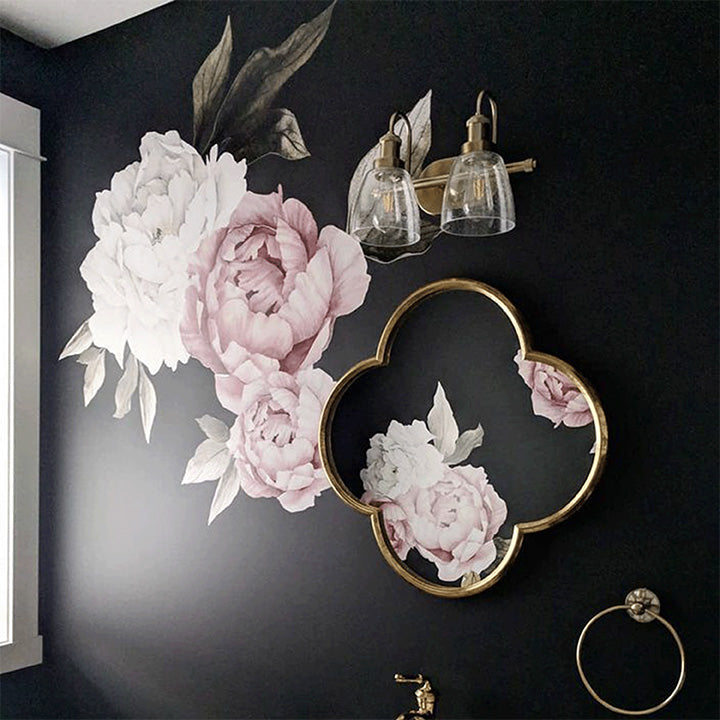 blushing peonies decals in a black backdrop