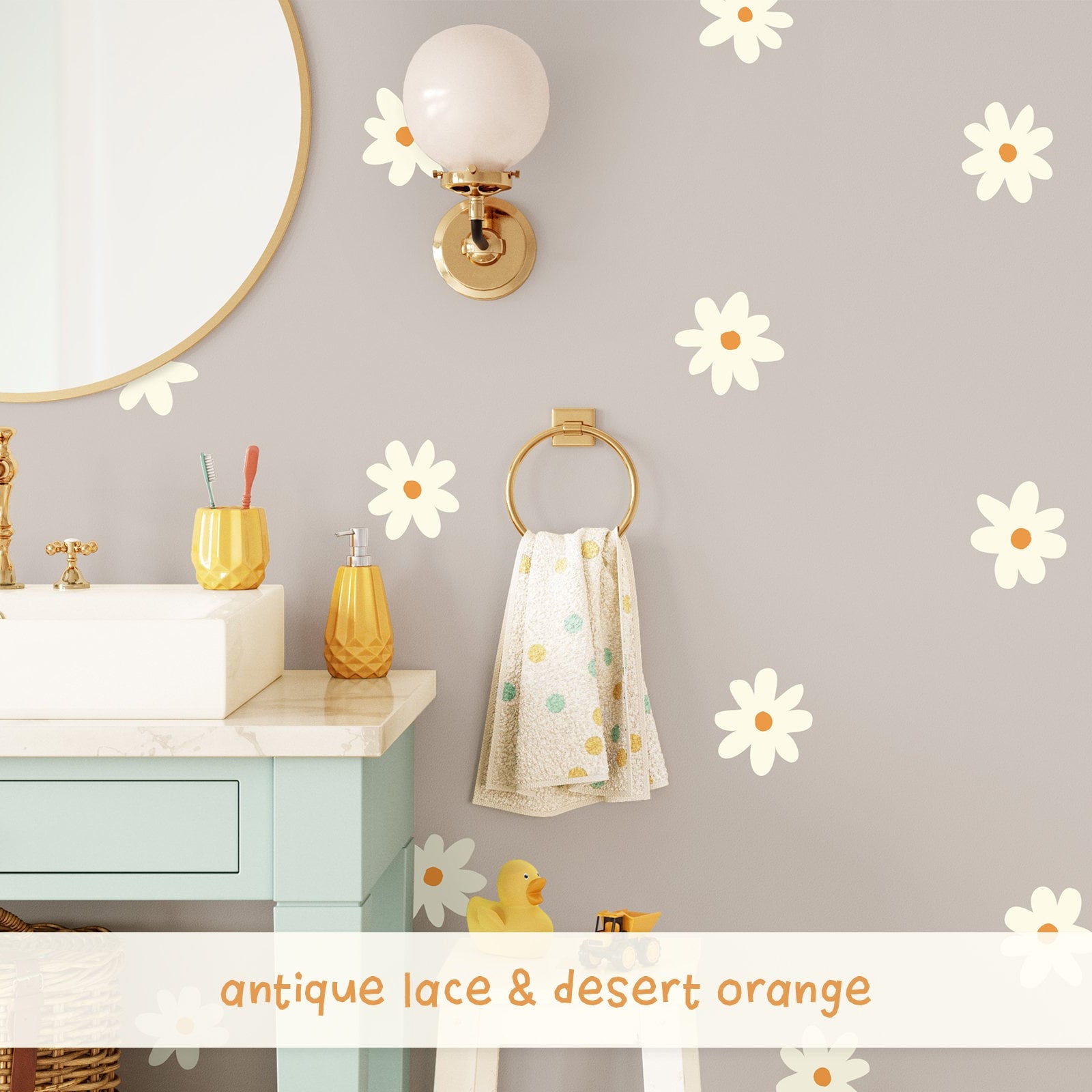 Daisy floral wall decal - Antique Lace & Desert Orange