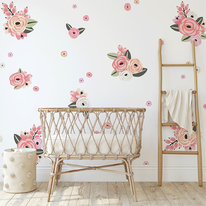 Faded Pink Graphic Flower Wall Decal Set