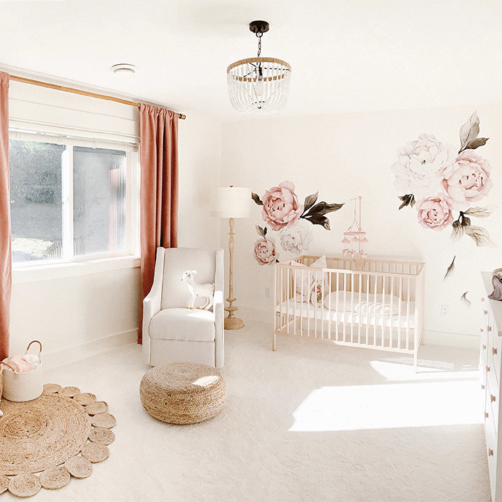 half oder blushing peonies floral wall decals in a nursery room