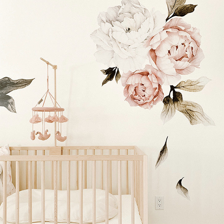 blushing peonies floral wall decals in a girls nursery