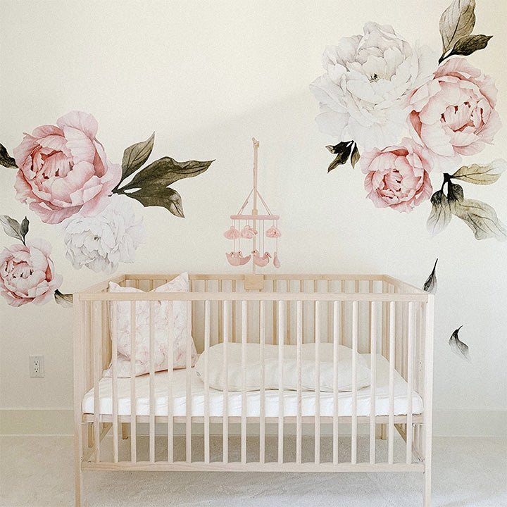 blushing peonies floral wall decals in a nurser