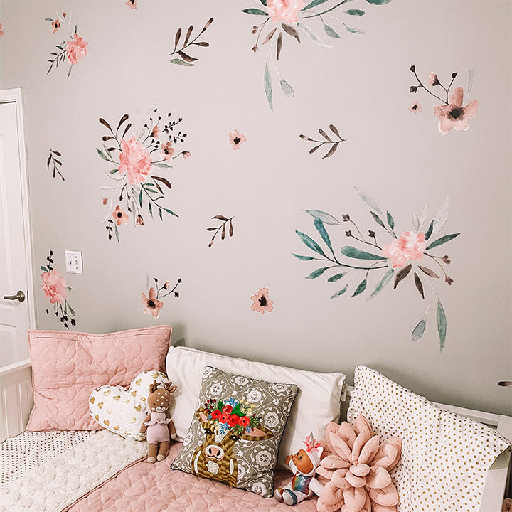 Pink Watercolor Flowers Wall Decal Set